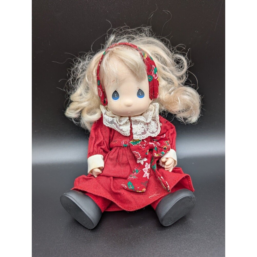 Vtg 1994-'96 Precious Moments 9in 'Regina' Doll Blond Hair Red Dress Christmas